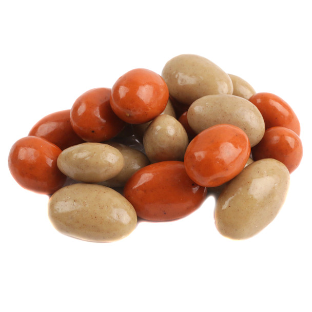 Orange, brown Sconza Pumpkin Pie Spice Almonds. Approx. 80 pieces per pound. Roasted almonds, white chocolate, Fall treat.