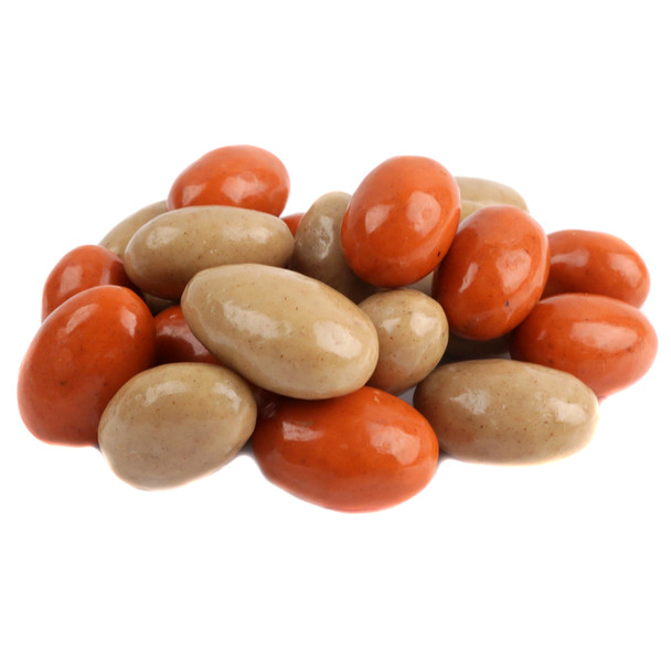 Orange & brown Pumpkin Pie Spice Almonds, ~80 pieces per pound, white chocolate coated, cinnamon, nutmeg, ginger.