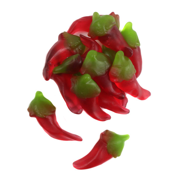 Pile of vibrant red Gummy Red Hot Chili Peppers, chili pepper shaped, spicy and sweet, approx 60 pieces per pound.