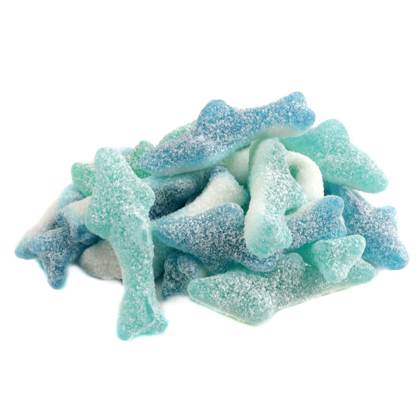 Clever Candy Gummy Sour Sharks, two-toned blue and white, sour sugar sanded, berry flavor, approx 90 pieces per pound.