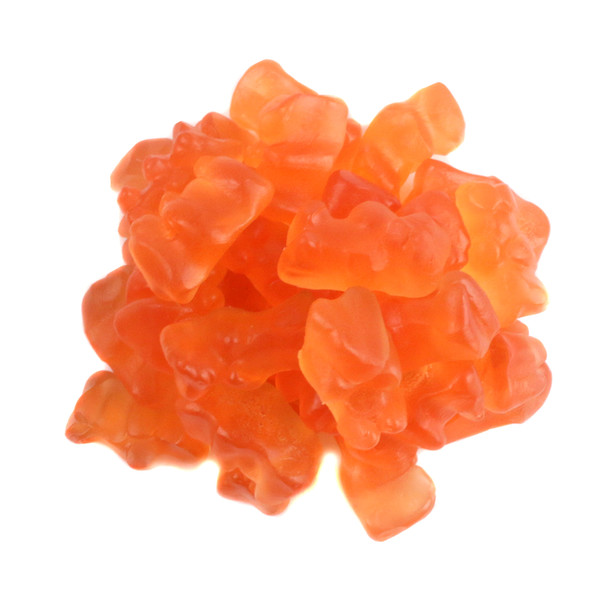 Pinkish-orange Rosé Gummy Bears, sweet, chewy, aromatic, approximately 125 per pound.