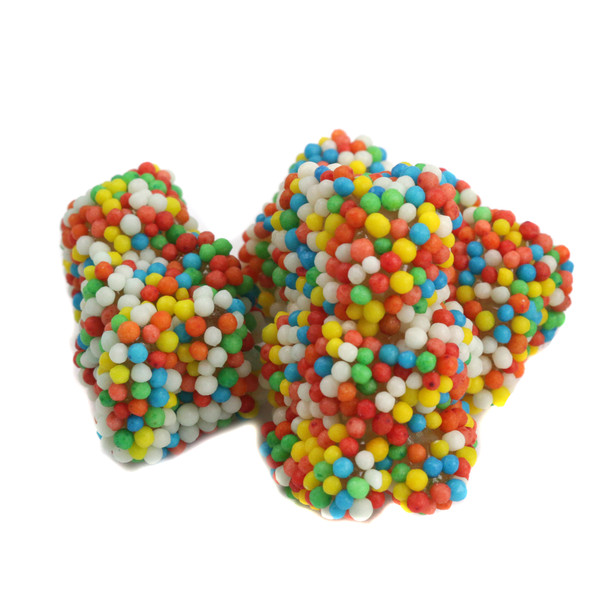 Colorful gummy bears covered in rainbow nonpareil sprinkles. Sweet, fruity, soft gummy, crispy crunch.