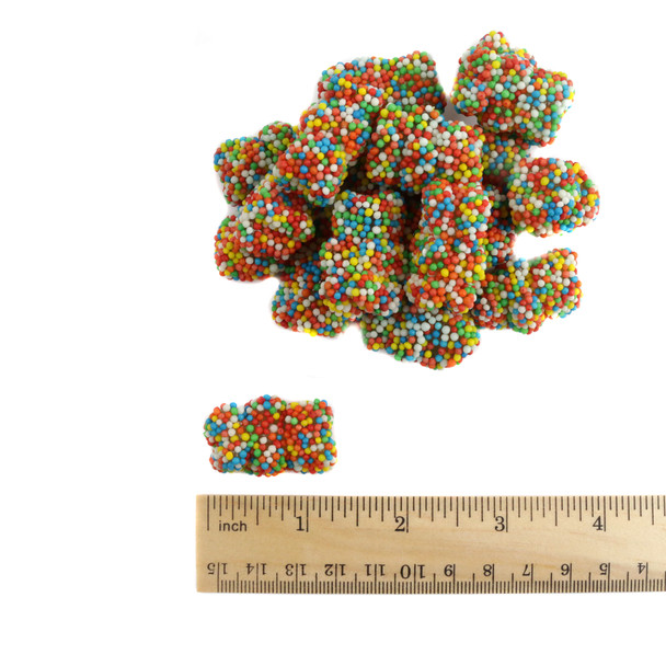 Rainbow nonpareil covered gummy bears, fruity, soft inside, crispy outside, approx 60 per pound.
