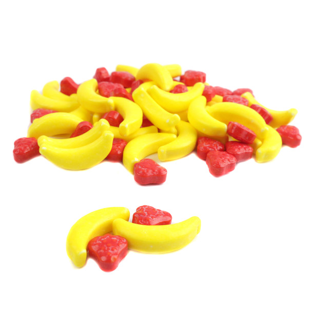 image of strawberry banana pressed bulk candy unwrapped red yellow fruity vending