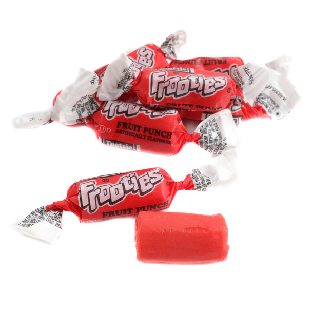 Bright red Fruit Punch Frooties chewy candies, individually wrapped Tootsie Roll candy, approx 140 per pound, great for buffets.