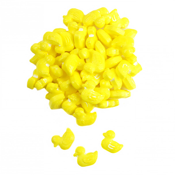Bright yellow pressed candy rubber ducks, approximately 310 per pound, 3/4 inch, ideal for Easter or baby showers.