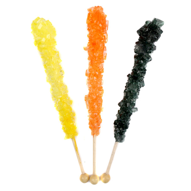 12 wrapped Halloween rock candy sticks. Orange, banana, black cherry crystal candy.