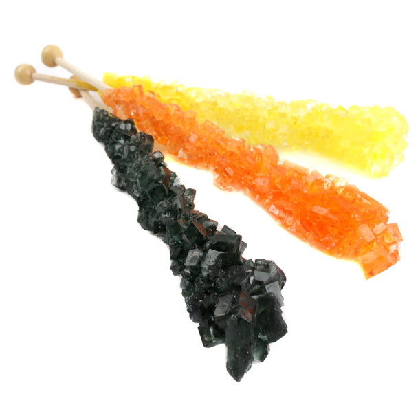 12 wrapped Halloween Rock Candy Sticks, orange, banana, and black cherry flavors.