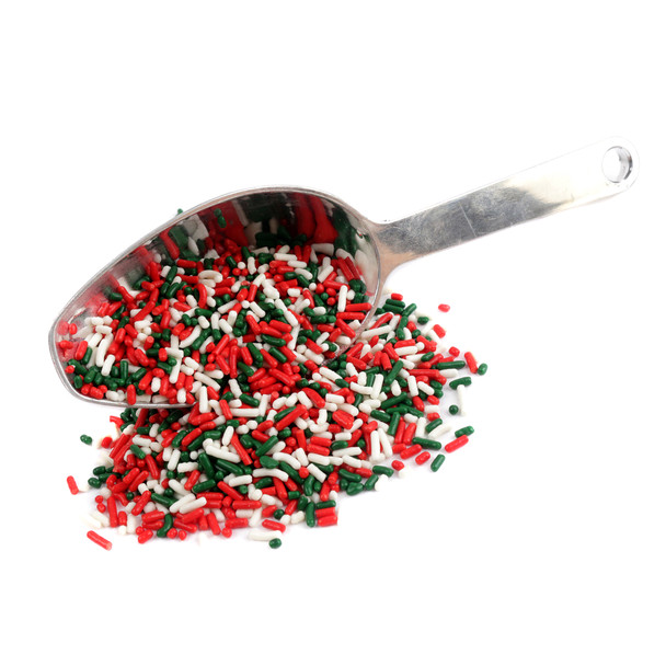 Red, white, and green Christmas sprinkles, jimmies, or decorettes for baking and dessert toppings.