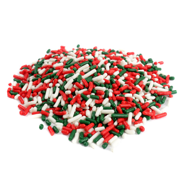 Red, white, and green Christmas sprinkles, candy decorettes for baking treats.