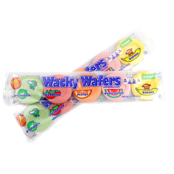 Wacky Wafers, 24 packs. Bold, colorful, thin, coin-shaped fruit wafers. Watermelon, banana, orange, strawberry flavors.