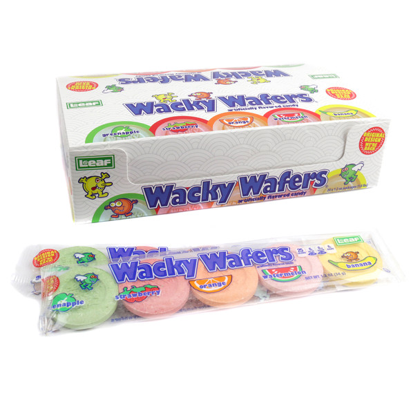 Wacky Wafers 24 pack, bold colorful thin coin-shaped fruity wafers in watermelon, banana, green apple, strawberry, orange.