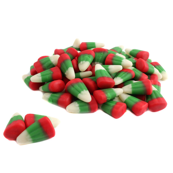 Christmas Candy Corn, red, green, white striped, triangular pieces, approx. 412 per pound, USA-made.