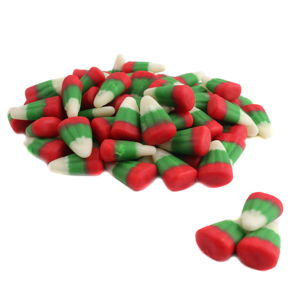 Christmas Candy Corn, classic tri-color, festive holiday reindeer corn, chewy, 412 pieces per pound, Made in USA.