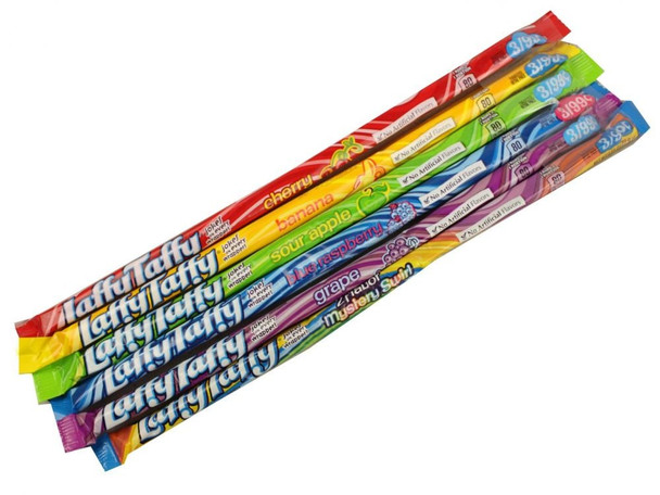 24 assorted, colorful Laffy Taffy Ropes, 10-inch chewy taffy in cherry, blue raspberry, grape, banana, strawberry flavors.
