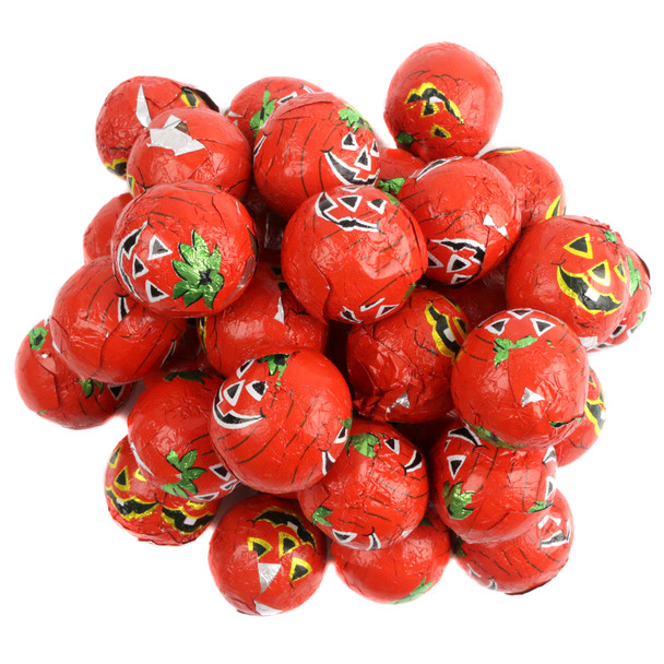 image of halloween candy crisp pumpkin balls foil wrapped chocolates madelaine chocolate bulk