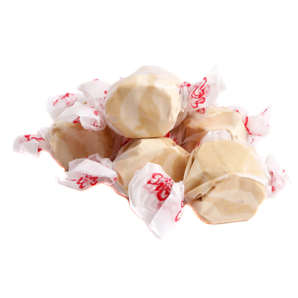 Nut-free, gluten-free peanut butter salt water taffy, approx. 65 brown, chewy, individually wrapped pieces.