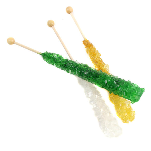 12 wrapped St. Patrick's Day rock candy sticks, green apple, gold, and original white crystal candy.