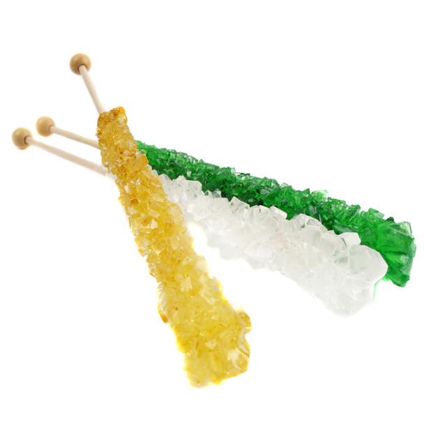 12 wrapped St. Patrick's Day rock candy sticks in green, gold, and white crystal colors.