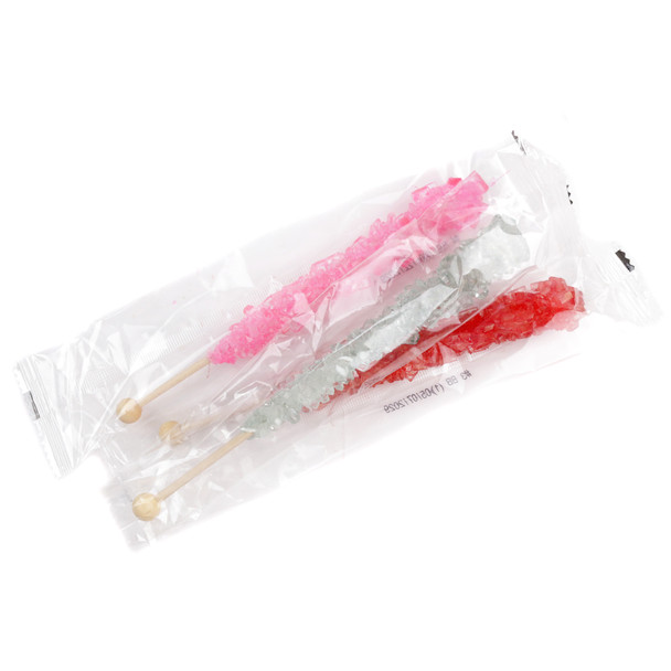 12 individually wrapped Valentine rock candy sticks, red, pink, silver colors, cherry, strawberry flavors, USA made.