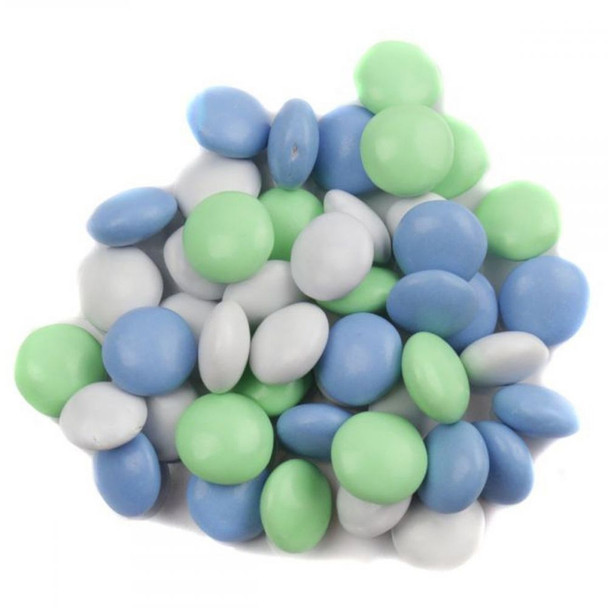 Chocolate Gems It's A Boy Mix. Soft blue, white, green milk chocolate gems, approx. 400 per lb for baby showers.