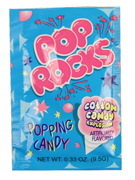24 Pop Rocks Cotton Candy packs, .33oz each. Pink and blue packaging, sweet exploding candy flavor.