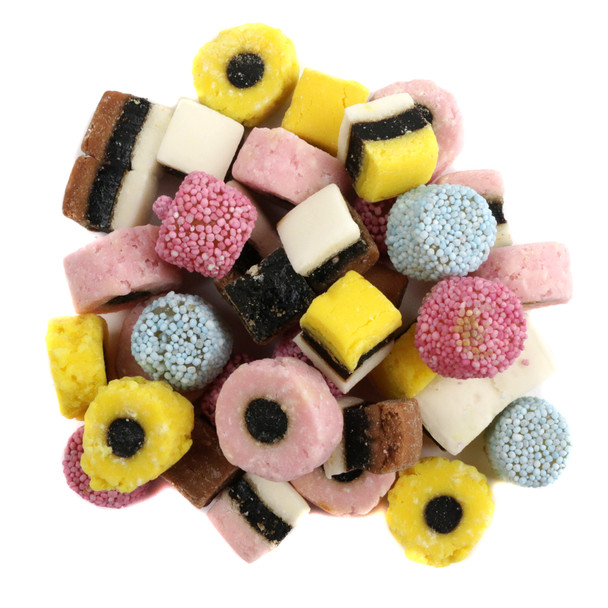 Colorful mini English licorice allsorts, black licorice pieces in assorted shapes, approx 200 per pound.