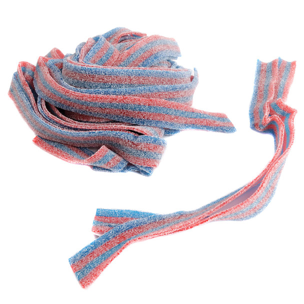 Blazpberry Sour Belts, blue & red striped gummy candy, tangy raspberry flavor, 9-inch long, approx. 50 belts/lb.