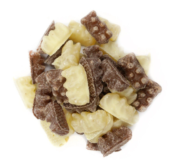 White and milk chocolate coated gummy bears, Koppers, approx 135 pieces per pound.