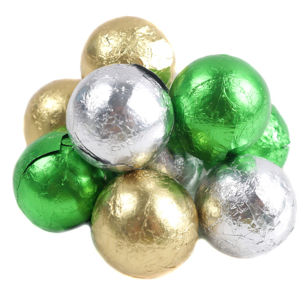 Milk Chocolate Balls, St. Patrick's Day Mix, festive green foil wrappers. Approx 60 per lb, 3/4 inch solid milk chocolate.