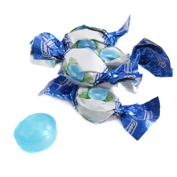 Blue, small Mint Colombina Mini Hard Candy, hard, approx 300 pieces per pound, refreshing mint flavor.