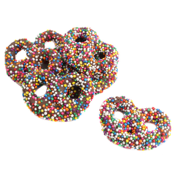 Ashers Milk Chocolate Covered Pretzels Nonpareils, colorful rainbow sprinkles, sweet & salty, approx. 45 pc/lb.