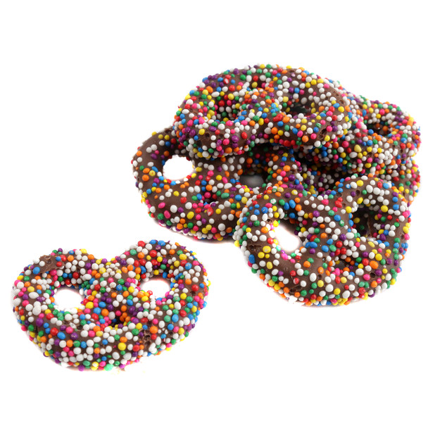 image of ashers milk chocolate covered pretzels with rainbow nonpareils candy