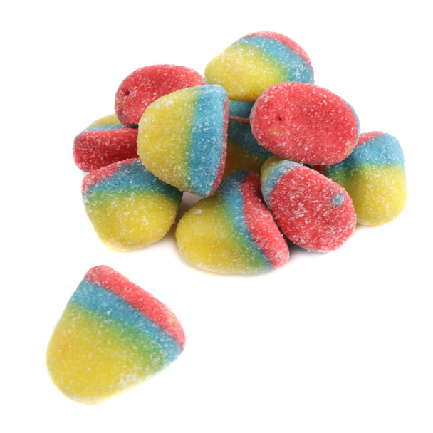 Vidal Tropical Gummy Drops, vibrant red, yellow, blue layered candy, approx. 80 per pound.