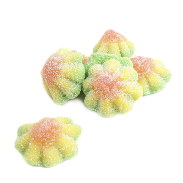 Sour Gummy Flowers, green, red, pink, 1-inch flower shapes, apple, strawberry, watermelon flavors, approx 70 per pound.