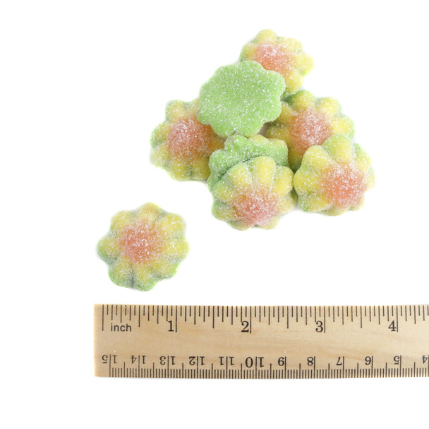 Sour Gummy Flowers, approx 70 per lb. Green, red, pink 1-inch flower-shaped sour gummies. Apple, strawberry, watermelon.