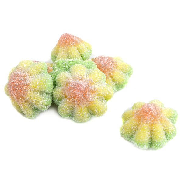 Sour Gummy Flowers, 70 per pound, 1-inch, green, red, and pink flower-shaped candies, apple, strawberry, watermelon flavors.