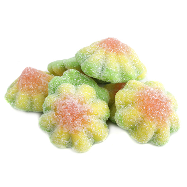 Green, red, pink sour gummy flowers, 1-inch, bite-sized. Approx. 70 flower-shaped candies per pound.