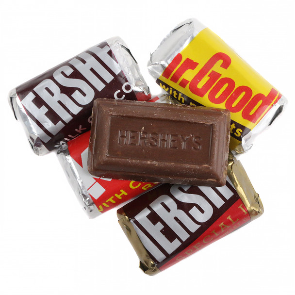 Hershey Miniatures. Assorted mini milk & dark chocolate bars, Mr. Goodbar, Krackel. Approx 50 pieces per pound.
