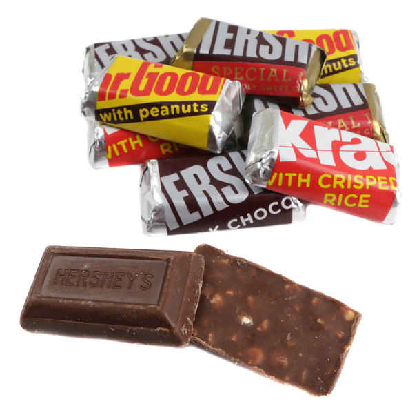 Assorted Hershey Miniatures. Approx 50 pieces per pound, featuring Milk Chocolate, Dark Chocolate, Mr. Goodbar, and Krackel mini bars.