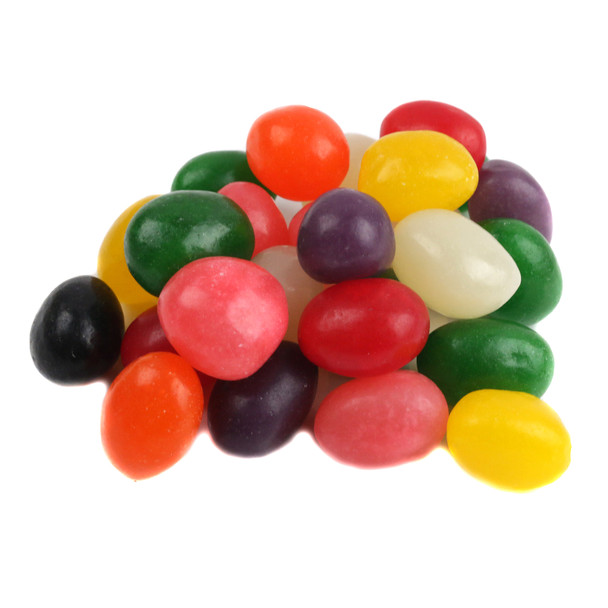Vibrant, rainbow assorted jelly beans, many fruity flavors, approx 144 per pound, popular Easter candy.