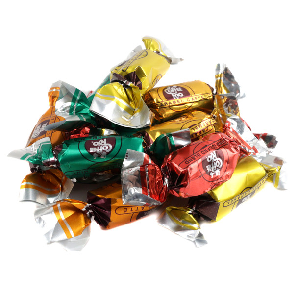 Coffee Rio Assorted Hard Coffee Candy, brown and tan pieces. Original, Kona Blend, Caffé Latte flavors. Approx 87 pieces per pound.