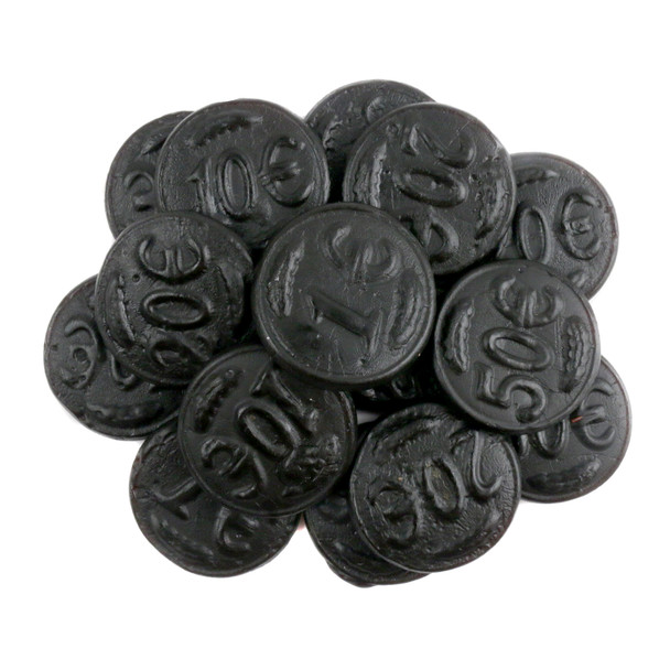 2.2LB Salty black licorice coins, round, firm, embossed with Euro denominations, imported from Holland.