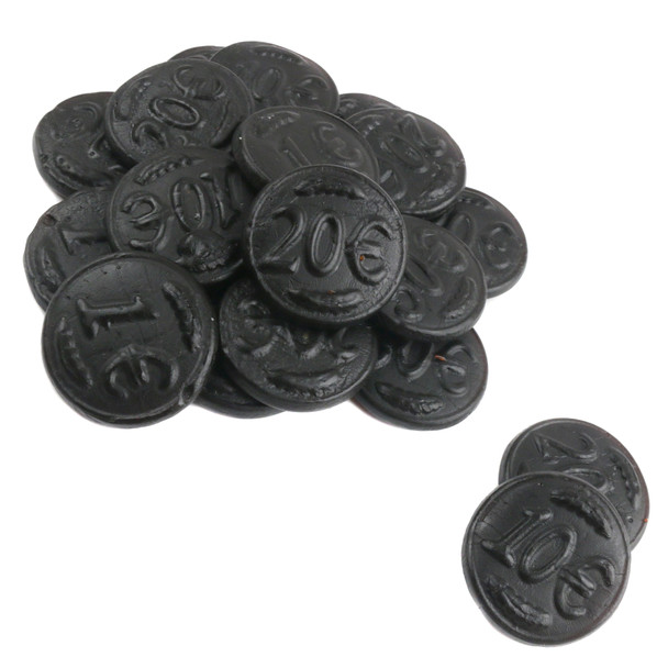 2.2LB Salty Black Licorice Coins, dark black, round, firm, embossed Euro denominations, Holland.