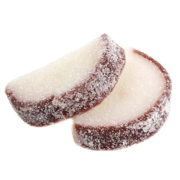 White unwrapped coconut jelly candy slices in a 5 pound box, tropical flavor, approx 90 individual pieces.