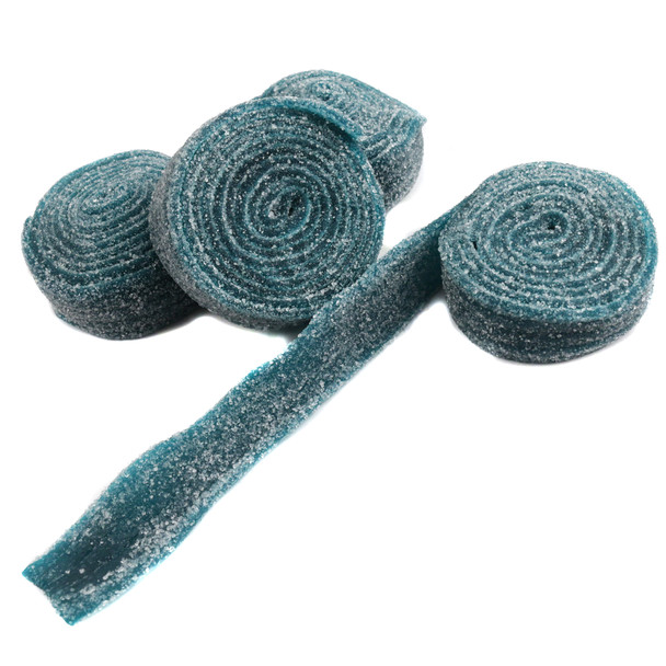 Rolled Berry Blue sour belts, sweet & sour gummy candy. Vibrant blue raspberry pieces, approx 12 per pound.