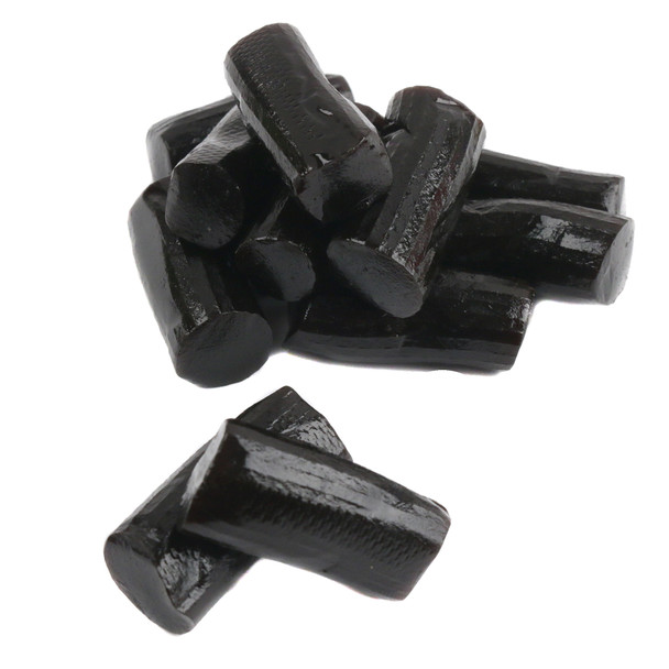 Finnska Soft Black Licorice, glossy black Finnish candy bites, approx 90 pieces per pound.