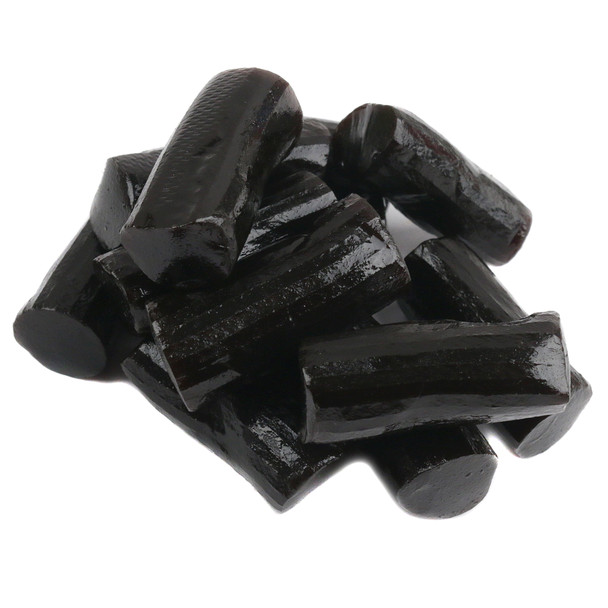 Finnska Soft Black Licorice bites, glossy black finish, approx 90 pieces per pound, Finnish style candy.