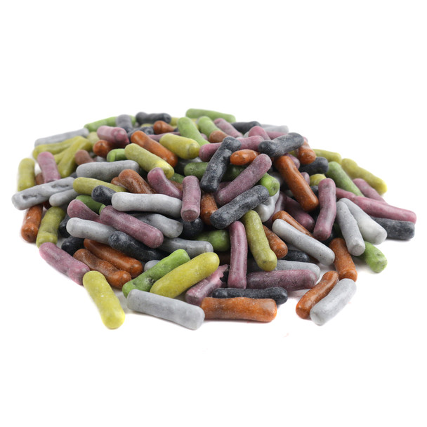 Kenny's Licorice Pastels, soft black licorice with sweet colorful pastel candy shells, 3/4 inch long pieces.