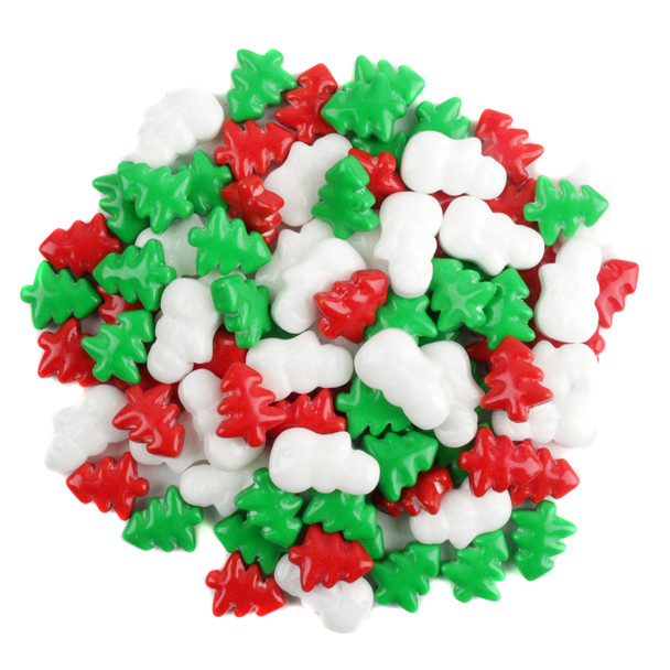 Vibrant red and green mini Christmas Trees and white snowman shaped candy, approximately 470 pieces per pound.